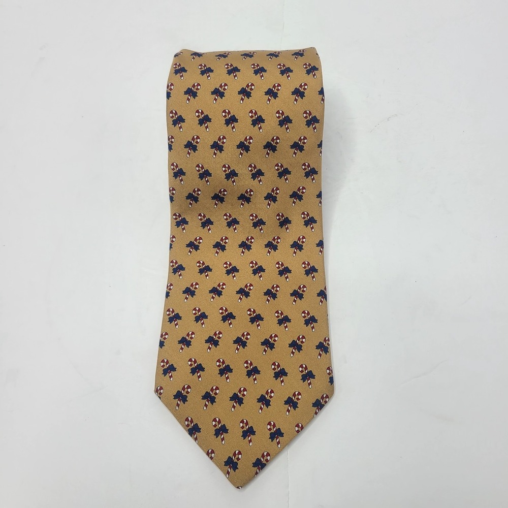 Brooks Basics Silk Necktie Gold Candy Canes USA Made 3.75 Inch Christmas